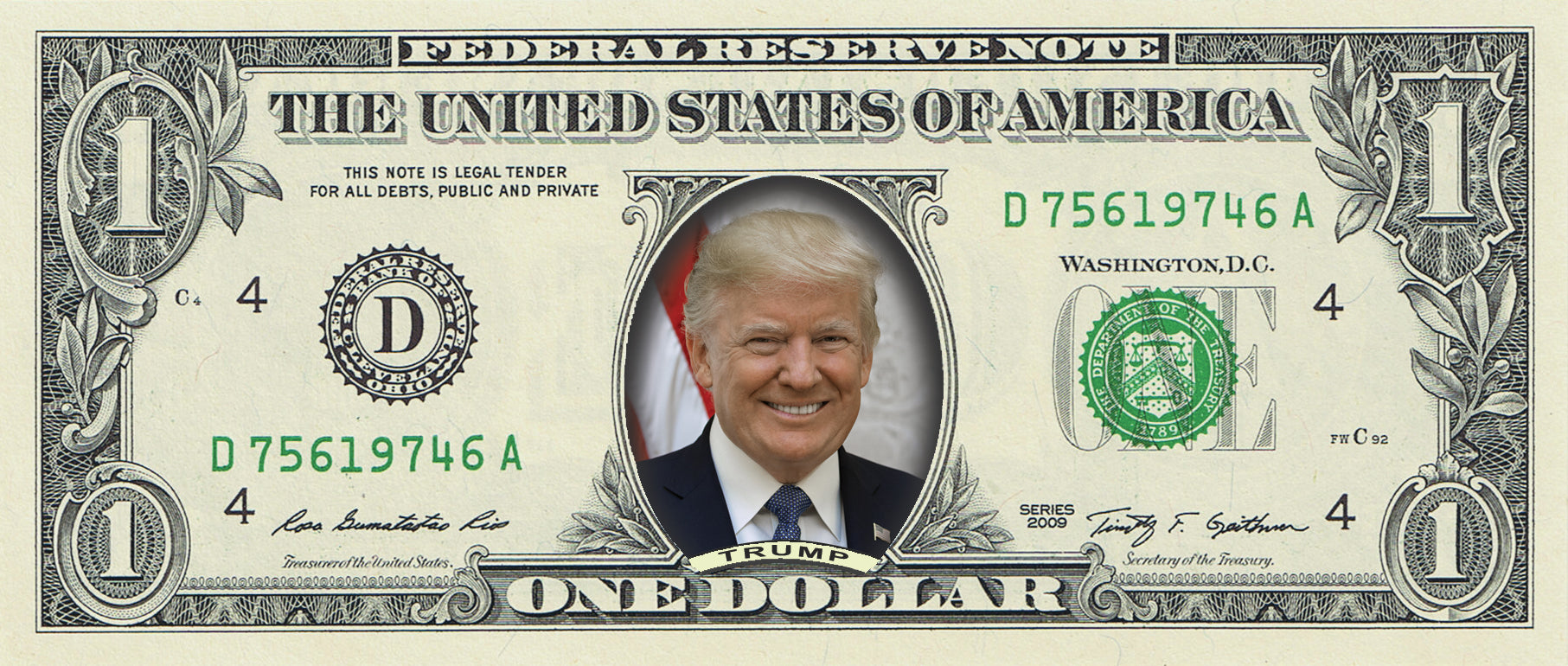 Donald Trump on a REAL Dollar Bill - Full Color
