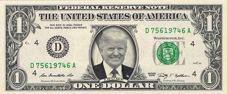 Donald Trump (smiling) on a REAL Dollar Bill (Classic Dollar Bill Green)