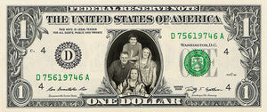 dollar bill from You're on the Money with a picture of a dad, mom, son, & daughter on it