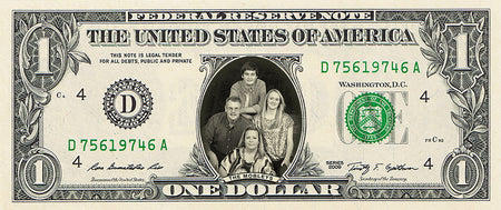 dollar bill from You're on the Money with a picture of a dad, mom, son, & daughter on it
