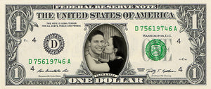 dollar bill from You're on the Money with a picture of a young woman kissing a man on the cheek on it