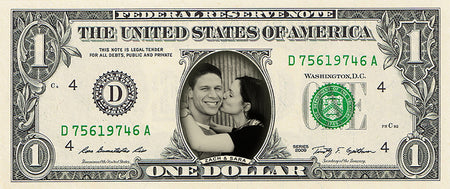 dollar bill from You're on the Money with a picture of a young woman kissing a man on the cheek on it