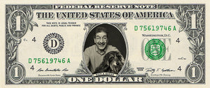 dollar bill from You're on the Money with a picture of a man with a mustache and glasses with his dog